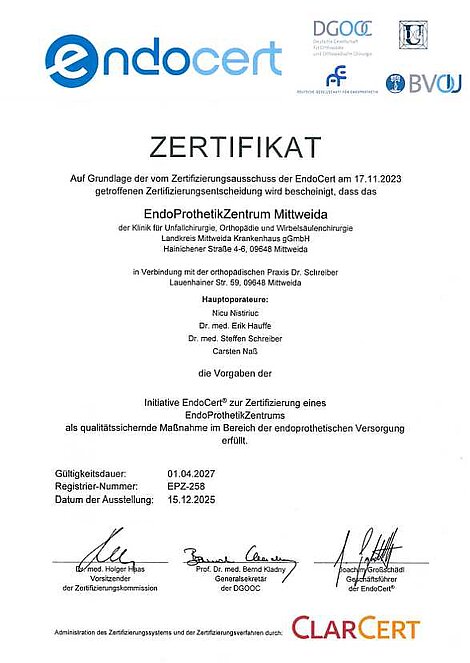 Zertifikat EndoProthetikZentrum