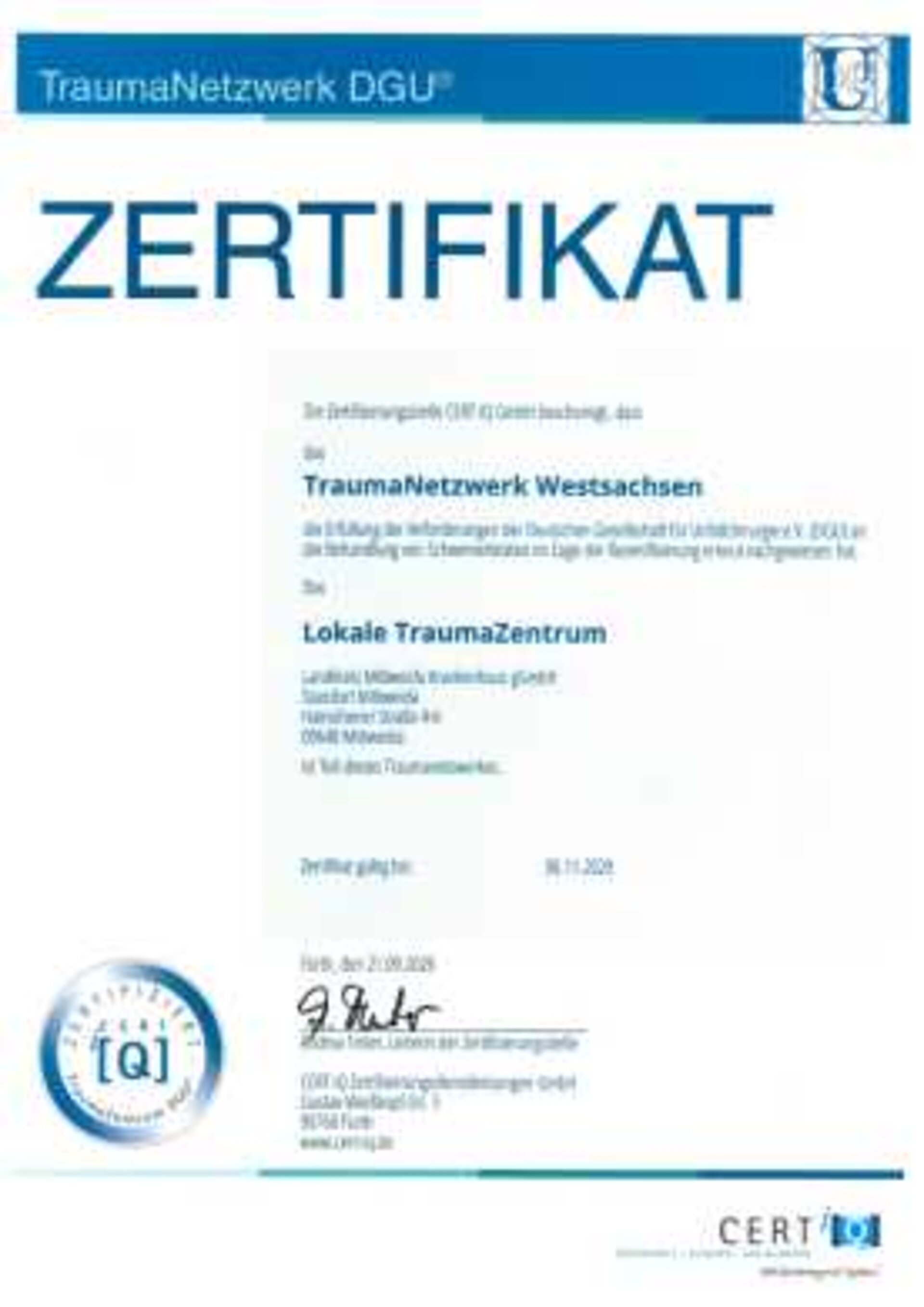 Zertifikat Traumanetzwerk